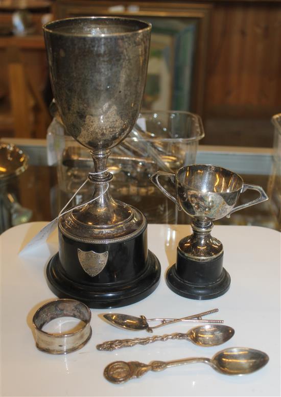 Silver cup, another & golfing related spoons etc